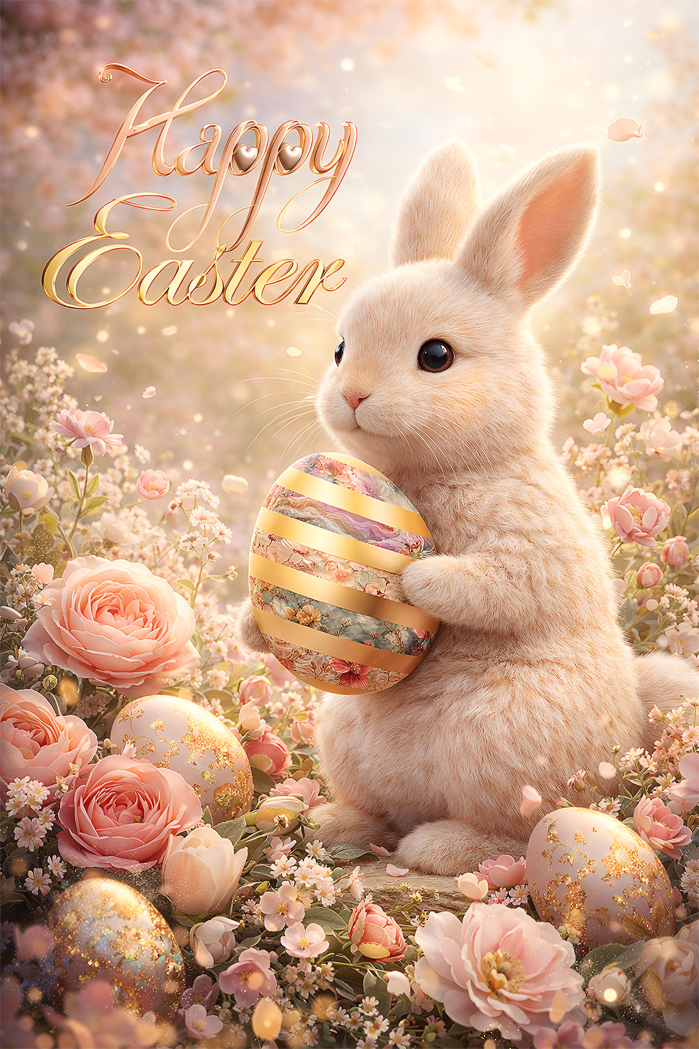Adorable fluffy Easter bunny holding decorative floral egg surrounded by spring flowers and warm golden sunlight creating a cute pastel Easter scene.