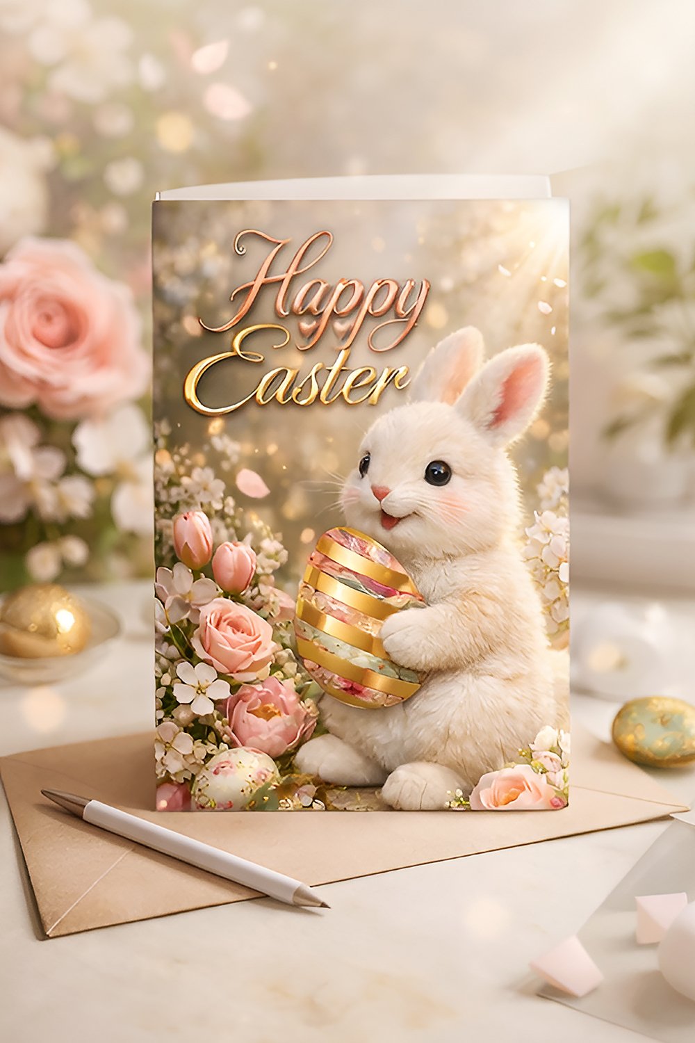 Adorable fluffy Easter bunny holding decorative floral egg surrounded by spring flowers and warm golden sunlight creating a cute pastel Easter scene.