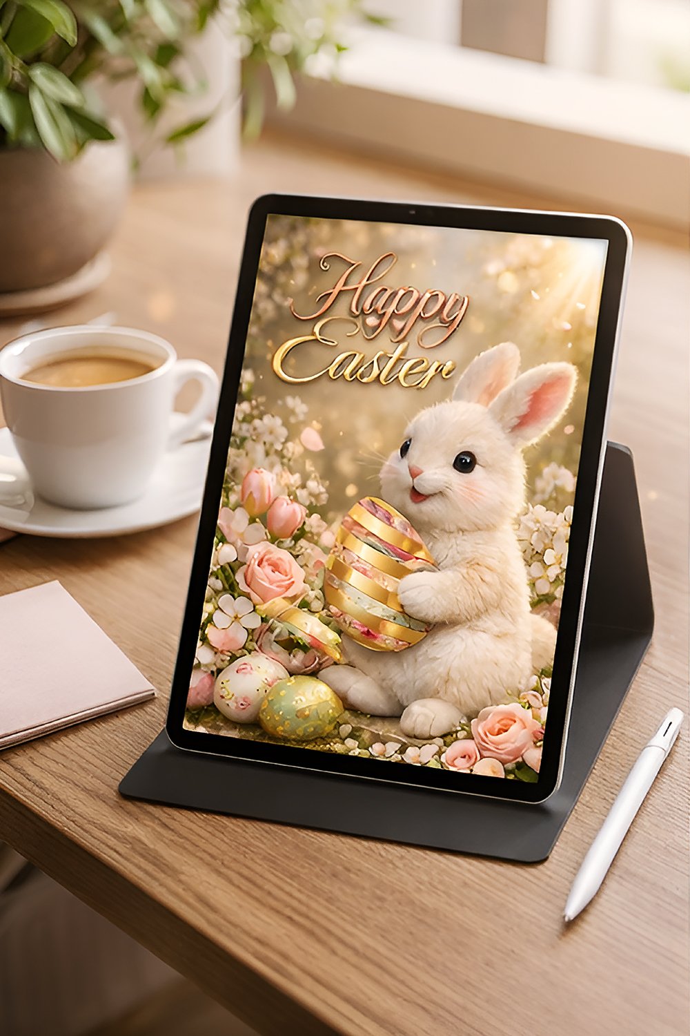 Adorable fluffy Easter bunny holding decorative floral egg surrounded by spring flowers and warm golden sunlight creating a cute pastel Easter scene.
