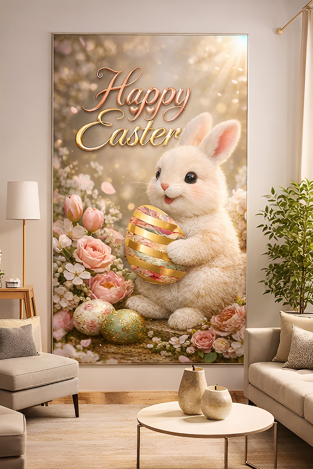 Adorable fluffy Easter bunny holding decorative floral egg surrounded by spring flowers and warm golden sunlight creating a cute pastel Easter scene.