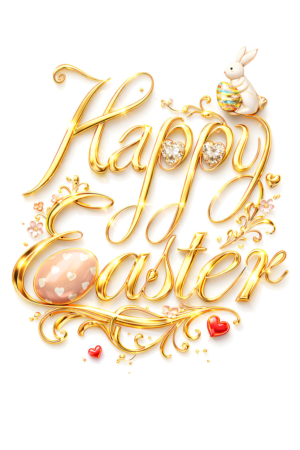 Luxury gold Happy Easter calligraphy typography with decorative floral elements, gemstone hearts, bunny accent and elegant Easter egg illustration on a soft background.