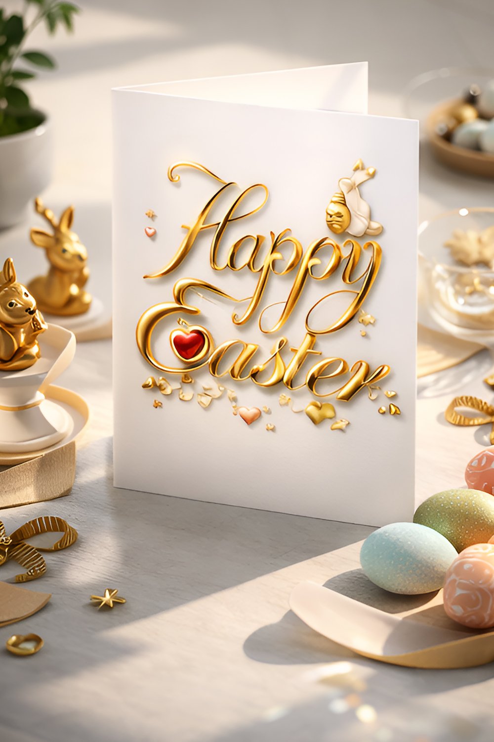 Luxury gold Happy Easter calligraphy typography with decorative floral elements, gemstone hearts, bunny accent and elegant Easter egg illustration on a soft background.