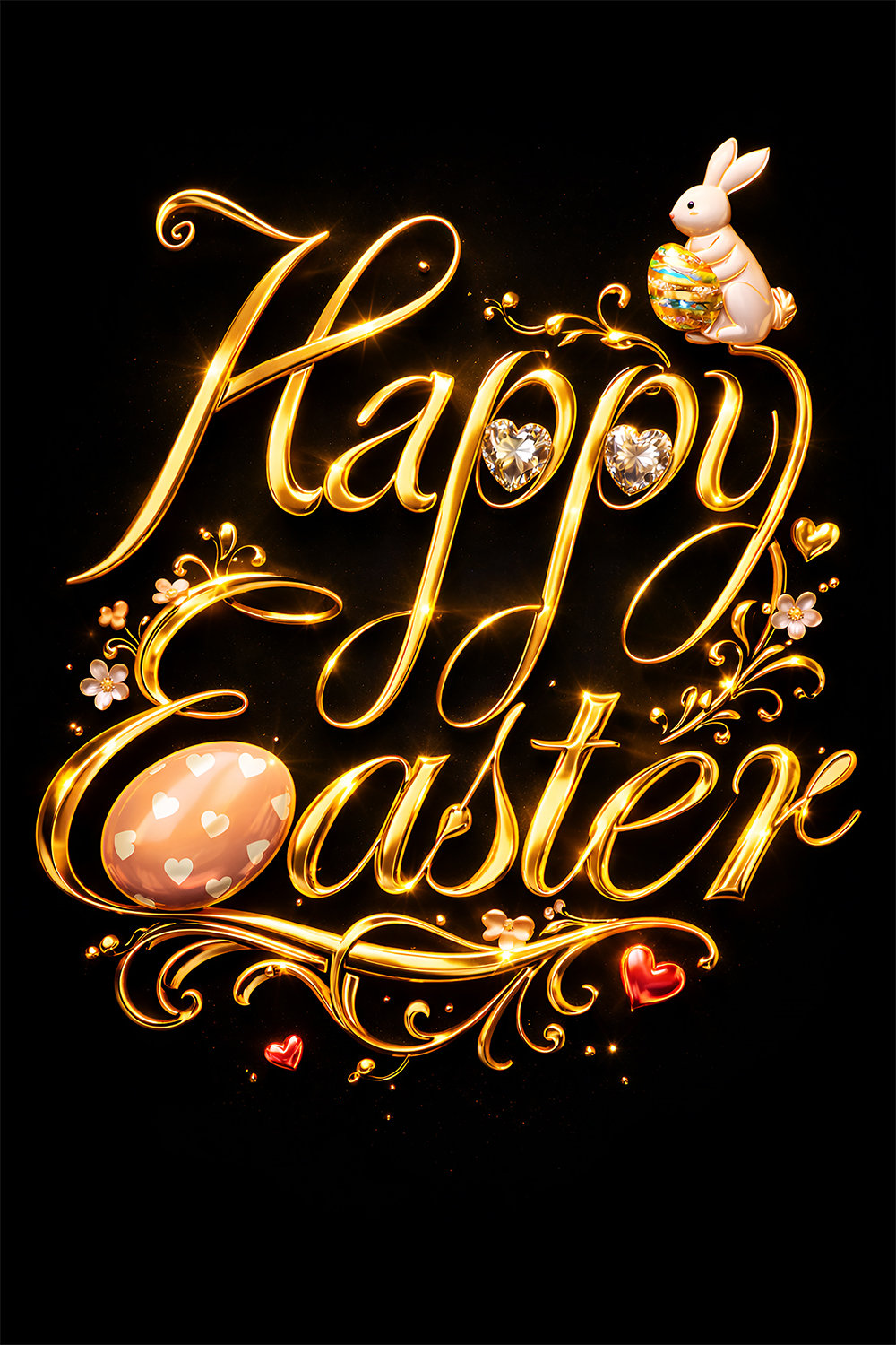 Luxury gold Happy Easter calligraphy typography with decorative floral elements, gemstone hearts, bunny accent and elegant Easter egg illustration on a soft background.