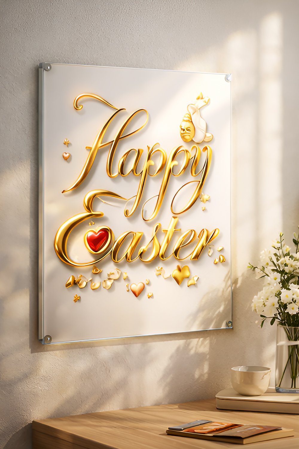 Luxury gold Happy Easter calligraphy typography with decorative floral elements, gemstone hearts, bunny accent and elegant Easter egg illustration on a soft background.