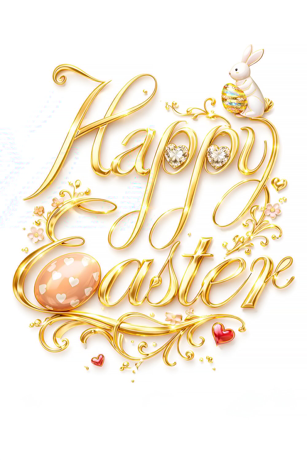 Luxury gold Happy Easter calligraphy typography with decorative floral elements, gemstone hearts, bunny accent and elegant Easter egg illustration on a soft background.