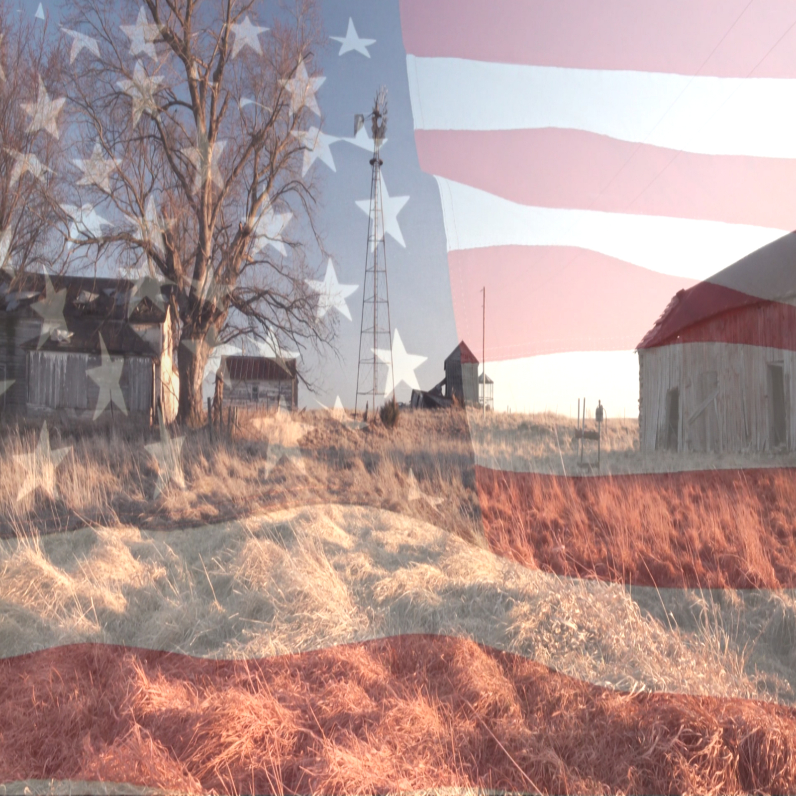 Album cover for “God Bless America Again” featuring an American flag over a rural farm landscape, symbolizing American heritage, small‑town roots, and traditional country values.