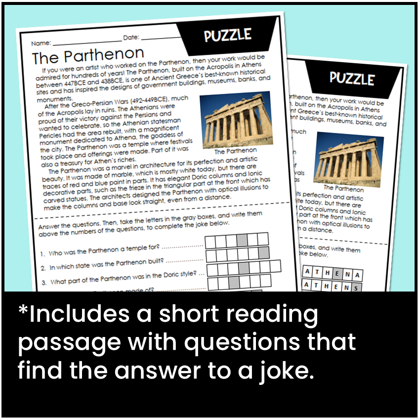 A short reading passage about the Parthenon with questions to find the answer to a joke.