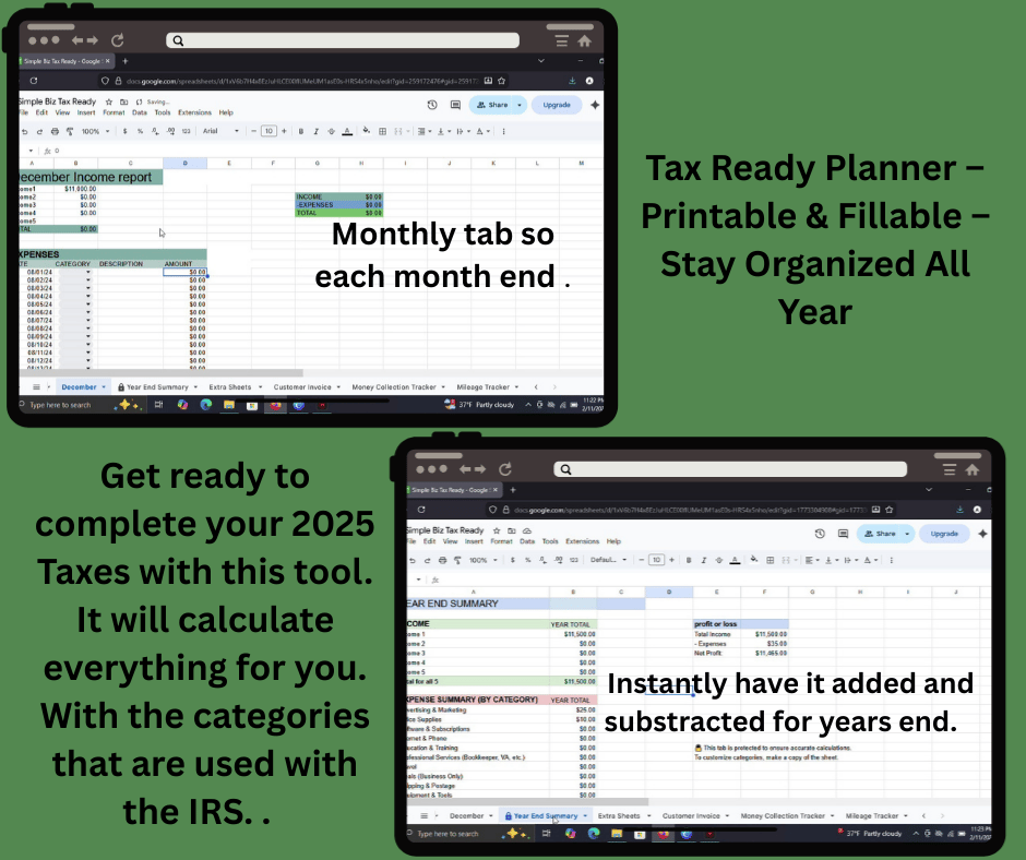 Tax-Ready has a monthly tab for each month. If you keep your records up to date each month it will be calulated on the Year End Tab.  No extra work or frustation at the end of the year gathering all your info for tax time.