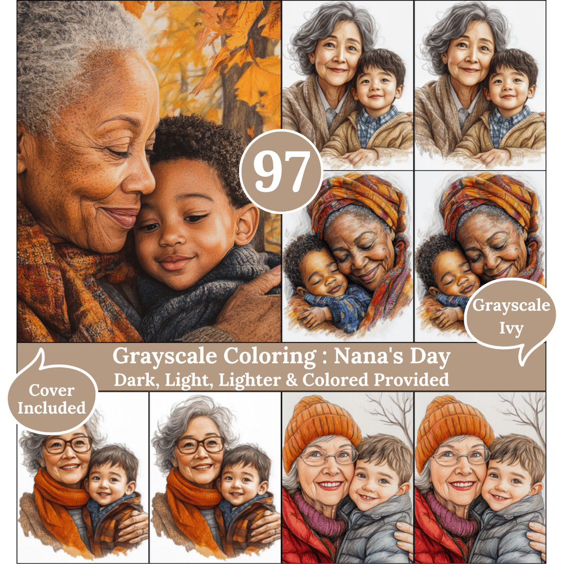 Nana's days, 97 Coloring Pages, Grayscale Drawings, Dark Light Lighter and Colored Versions,  Digital Art, Grand-mother's day