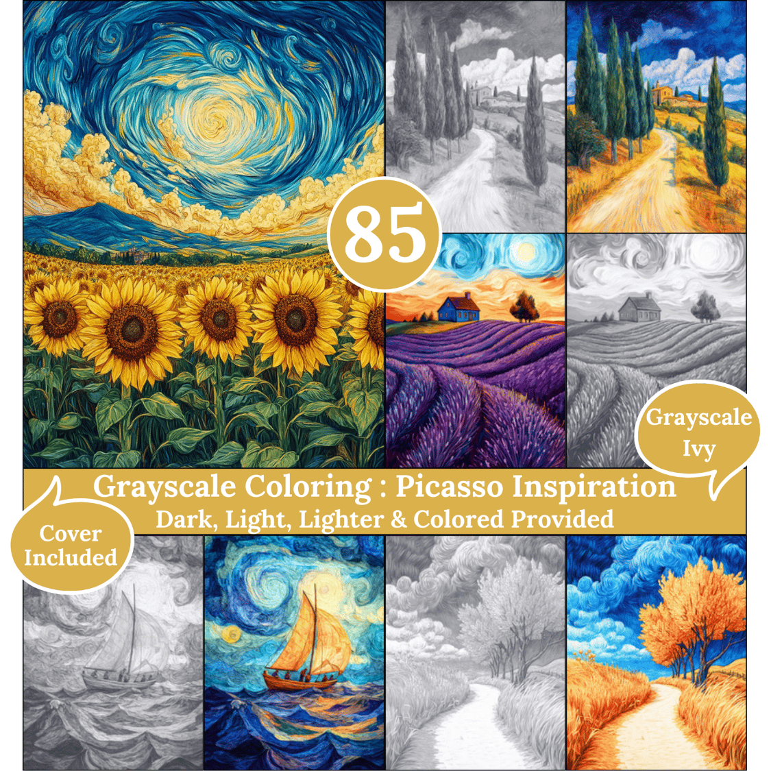 Picasso's Inspiration, 85 Coloring Pages, Grayscale Drawings, Dark Light Lighter and Colored Versions,  Digital Art, Inspired Painting