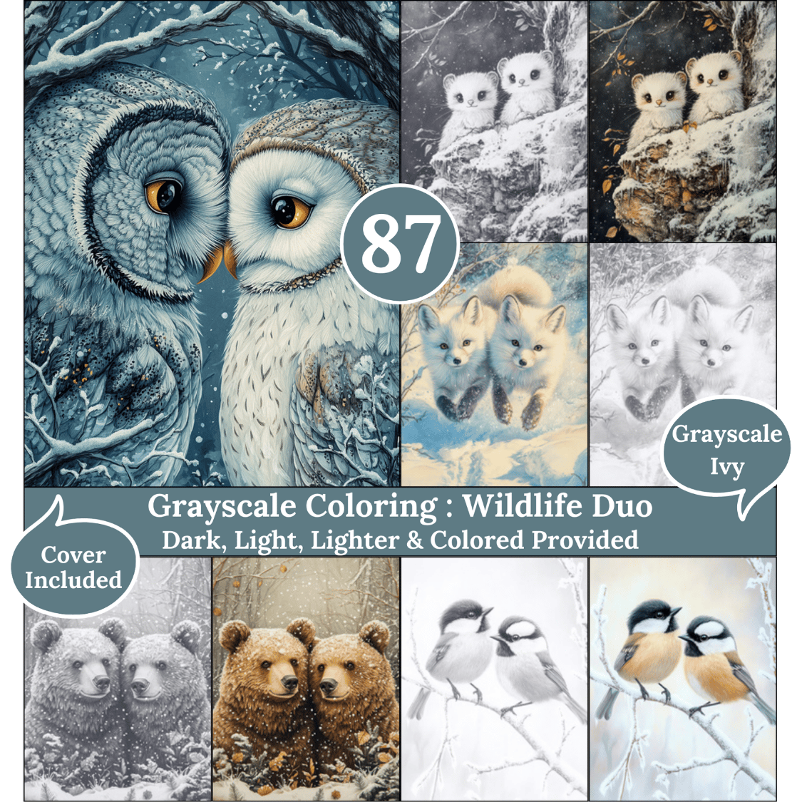 Wildlife Duo, 87 Coloring Pages, Grayscale Drawings, Dark Light Lighter and Colored Versions,  Digital Art, Animals couples & friends