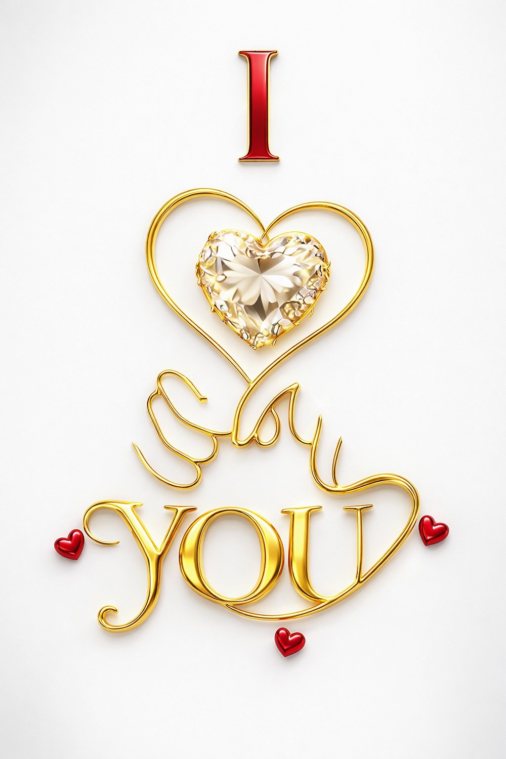 Minimal luxury love quote pin featuring gold heart typography spelling I Love You with a diamond heart on a soft neutral background