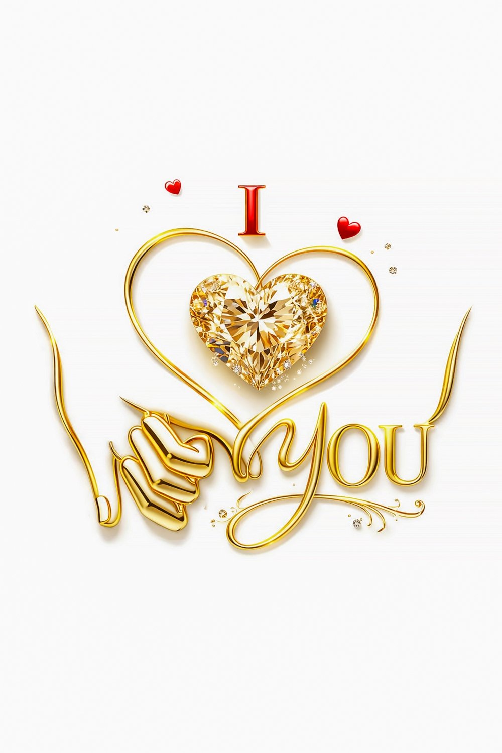 Minimal luxury love quote pin featuring gold heart typography spelling I Love You with a diamond heart on a soft neutral background