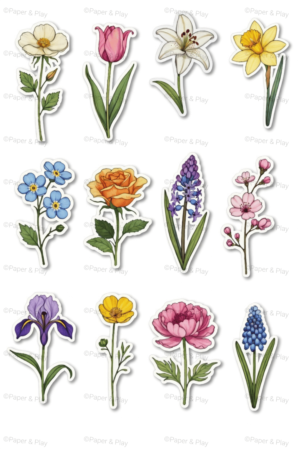 Various floral stickers in soft pink, yellow, and green tones, including individual blooms and leaf clusters, available as both individual digital files and a master PDF.