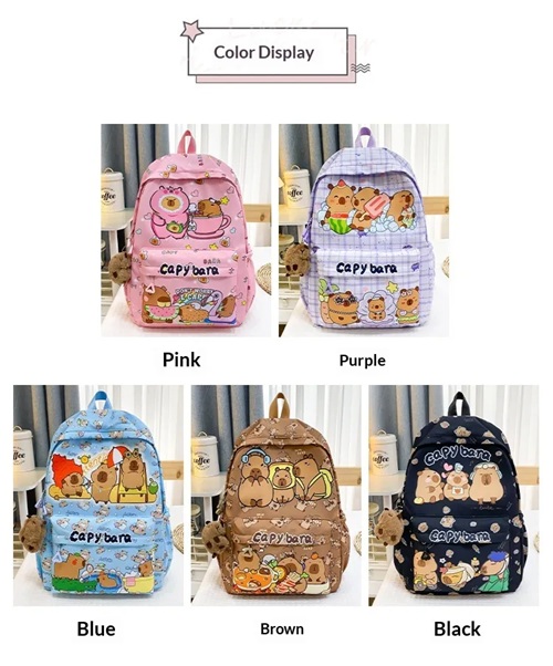 Cute capybara cartoon school backpack for girls in pink color