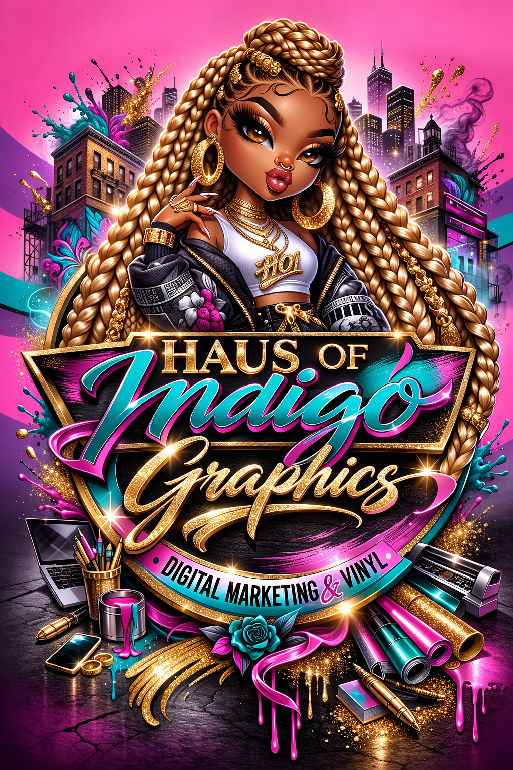 Haus of Indigo Graphics is a creative design and branding business specializing in graphic design, digital marketing, and vinyl services. The brand focuses on delivering bold, high-quality visuals that help businesses stand out, combining modern style with a touch of luxury and urban flair.