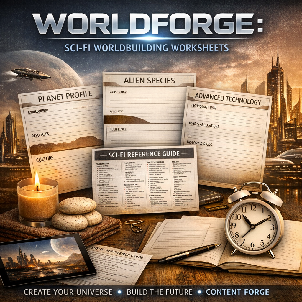 Product cover for “WorldForge: Sci-Fi Worldbuilding Worksheets” featuring futuristic worksheets for planets, species, and technology with a sci-fi cityscape in the background. Text includes the title, subtitle, and keywords: create your universe, build th