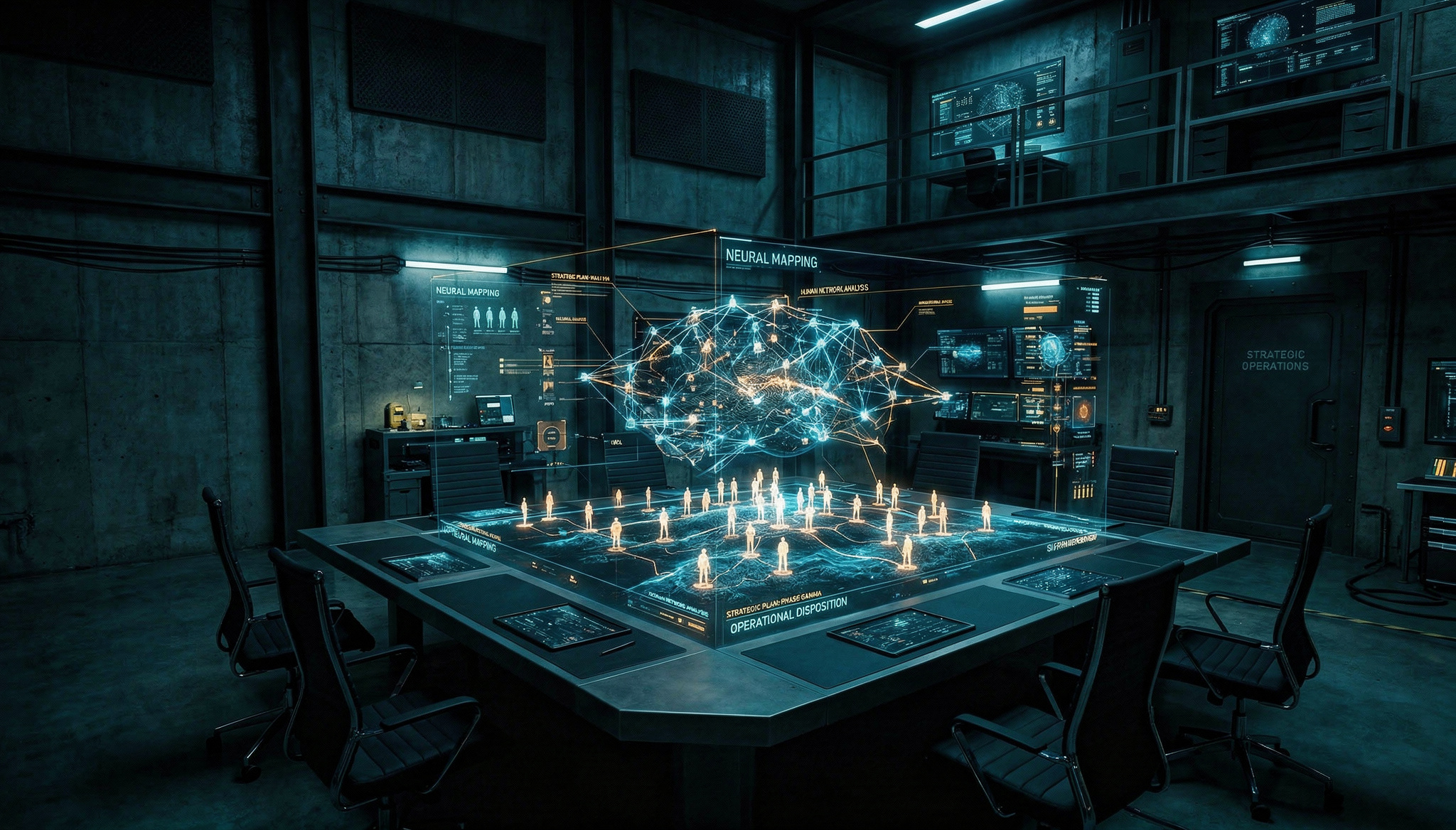 Vue panoramique d'un centre de commandement tactique avec une cartographie neurale holographique, illustrant l'ingénierie de formation B-AE-OS pour les équipes.