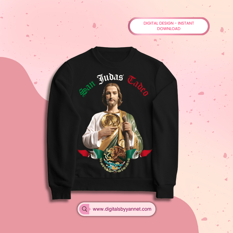 Potente diseño digital de San Judas Tadeo para proyectos de sublimación y estampado. Incluye fondo transparente para fácil uso en camisetas, hoodies, tote bags y más. Alta calidad lista para negocios de impresión y tiendas online.
