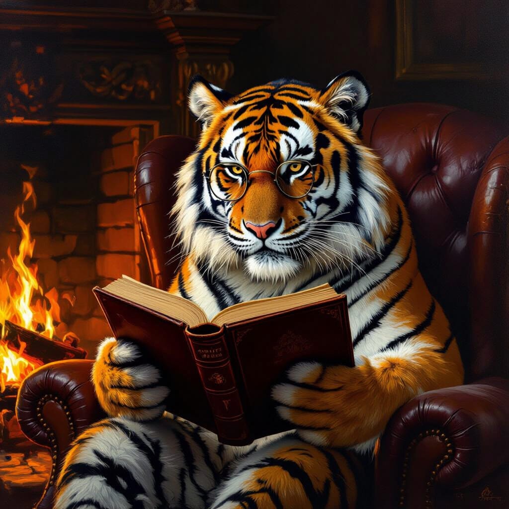 Tiger reading a book