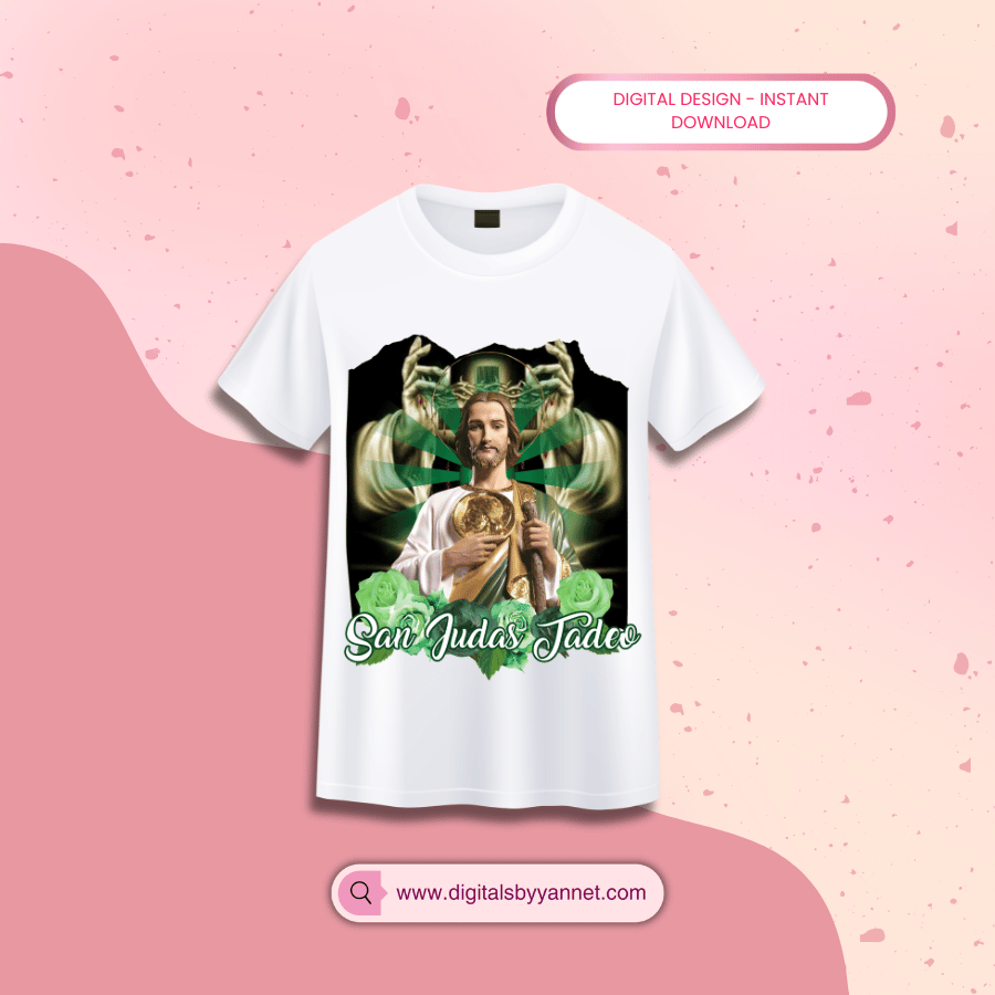 Diseño religioso de San Judas Tadeo en formato PNG de alta resolución. Ideal para crear camisetas personalizadas, sudaderas y artículos católicos. Fondo transparente incluido para impresión profesional.