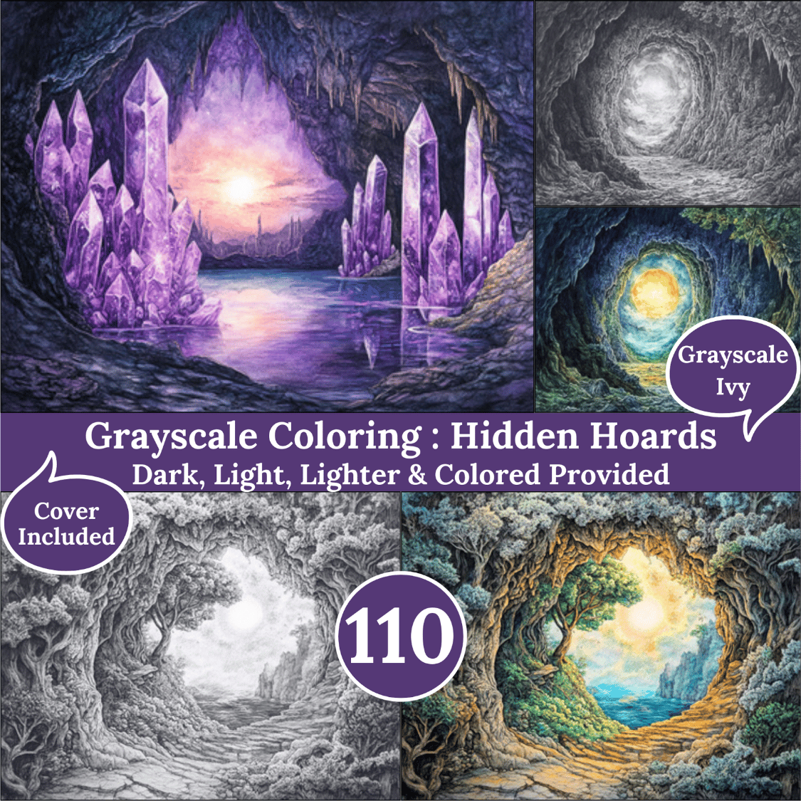Hidden Hoards, 79 Coloring Pages, Grayscale Drawings, Dark Light Lighter and Colored Versions, Digital Art Sheets, Secret caves