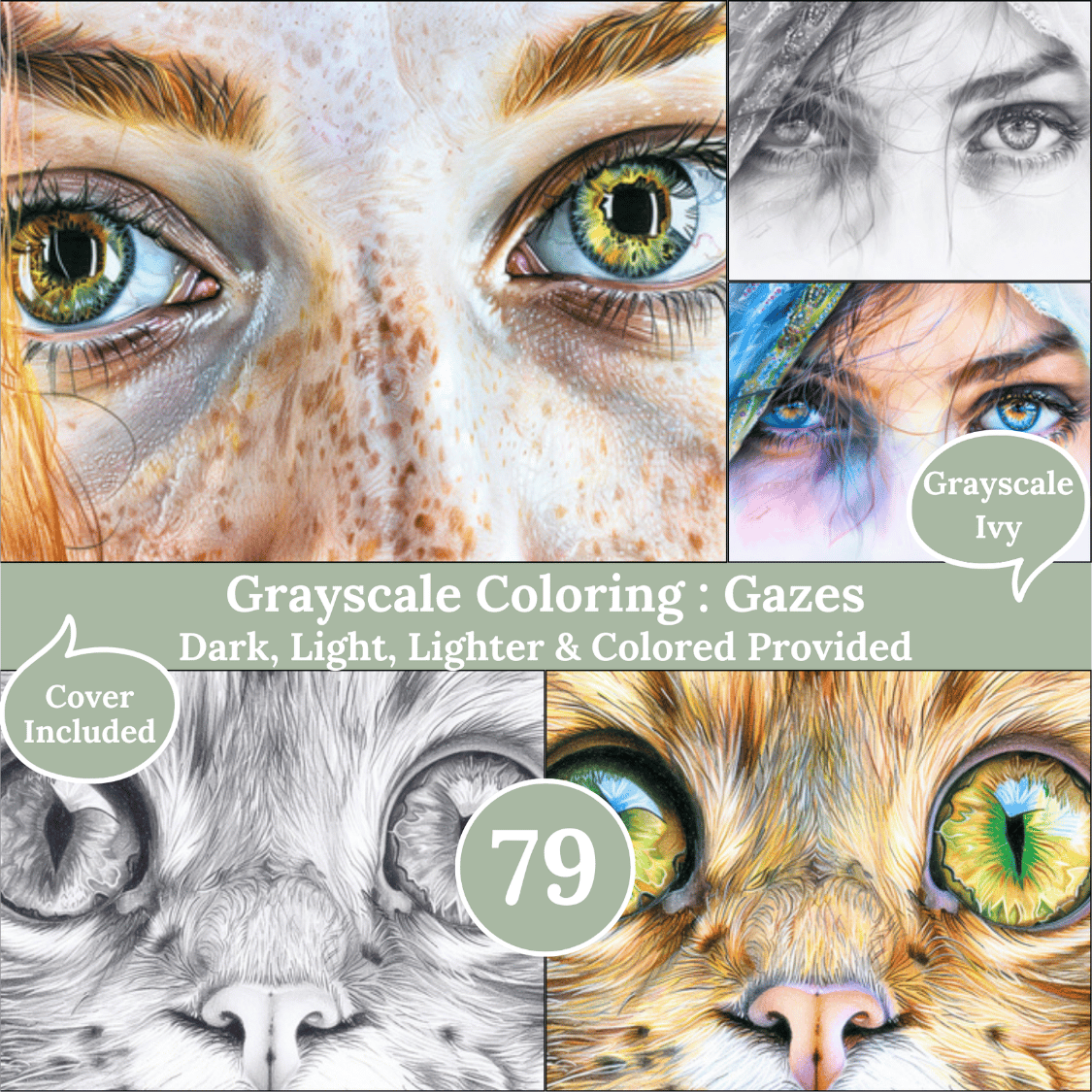 Gazes, 79 Coloring Pages, Grayscale Drawings, Dark Light Lighter and Colored Versions, Digital Art Sheets