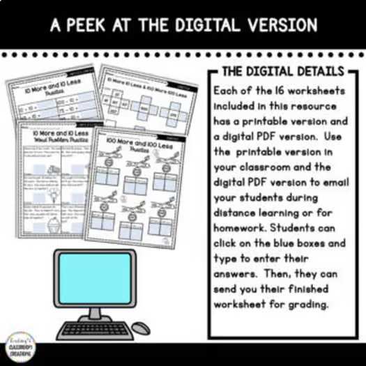 10 More 10 Less & 100 More 100 Less Activities, Centers, & More