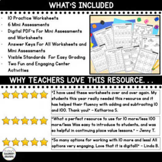 10 More 10 Less & 100 More 100 Less Activities, Centers, & More