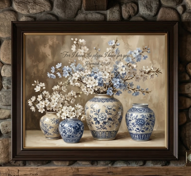 Detailed view of the vintage-style blue and white porcelain vases and flowers in the Jeremiah 29:11 Christian digital art download.