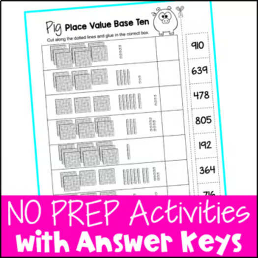 Place Value Worksheets to 1,000 - Cut & Paste Activities w/ Base Ten Blocks etc