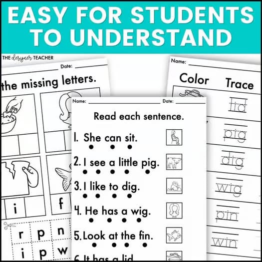 NO PREP Short I Worksheets CVC Word Work Short Vowel Phonics Activities Packet