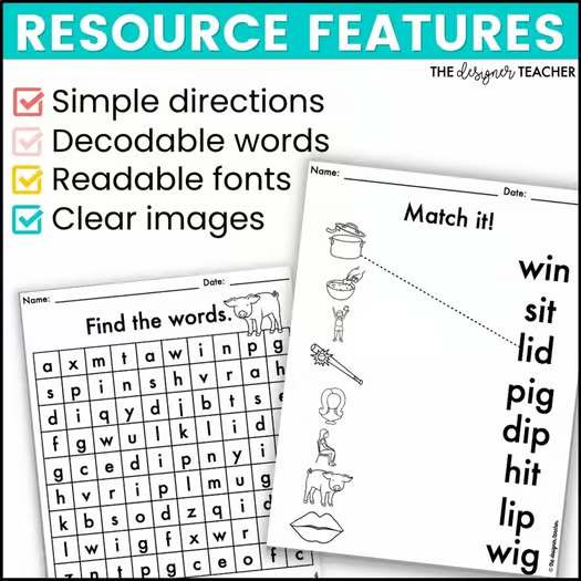 NO PREP Short I Worksheets CVC Word Work Short Vowel Phonics Activities Packet