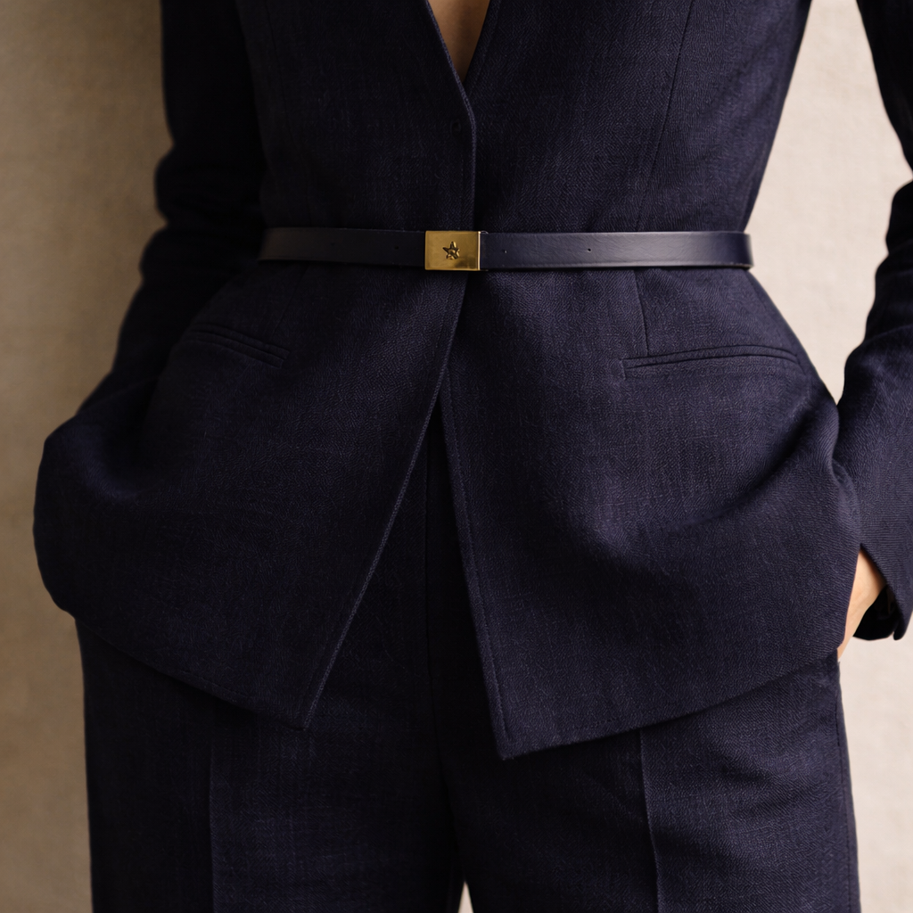 Structure Meets Intention - A close-up look at architectural tailoring. We prioritize fabrics with integrity—like heavy-weight linen and structured wool—ensuring your silhouette maintains its sharp, professional lines throughout the day.
