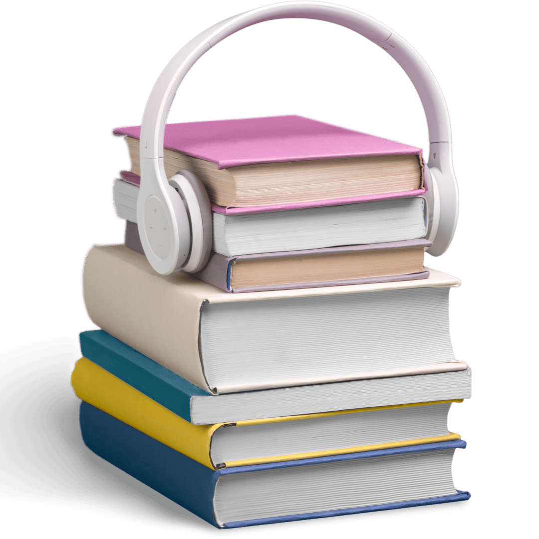 Stack of books with headphones