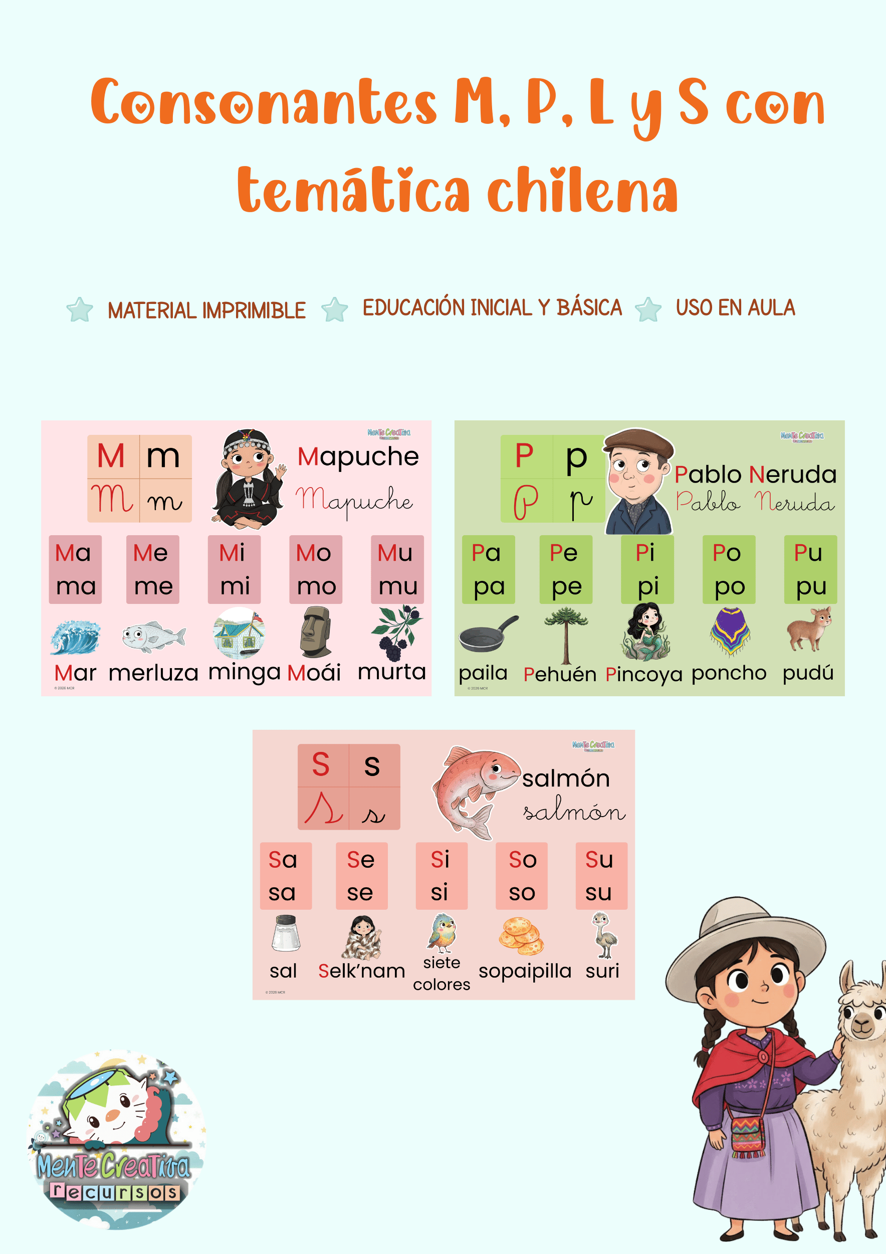 Consonantes M, P, L y S - Temática chilena para aula | PDF imprimible ...