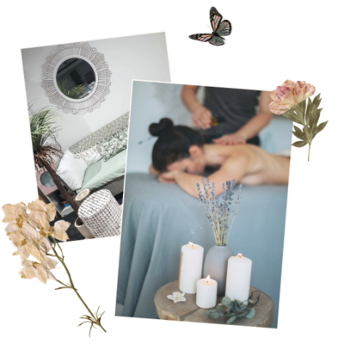 Collage of the Inner Bliss Wellness Space treatment studio Maudsland and a woman enjoying a therapeutic massage surrounded by candles representing natural healing and relaxation Gold Coast