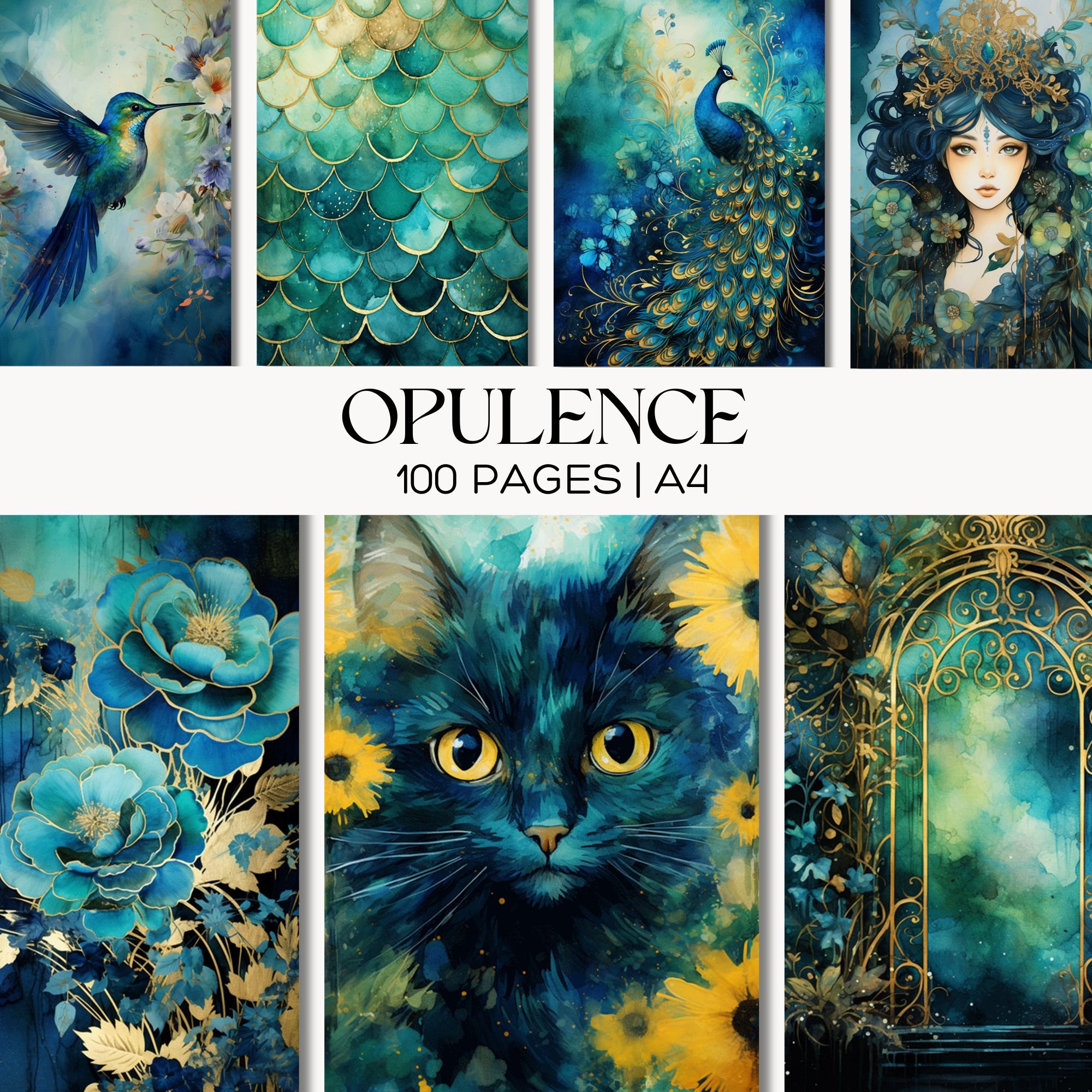 Opulence, Blue, Green, Gold Fantasy Junk Journal Pages