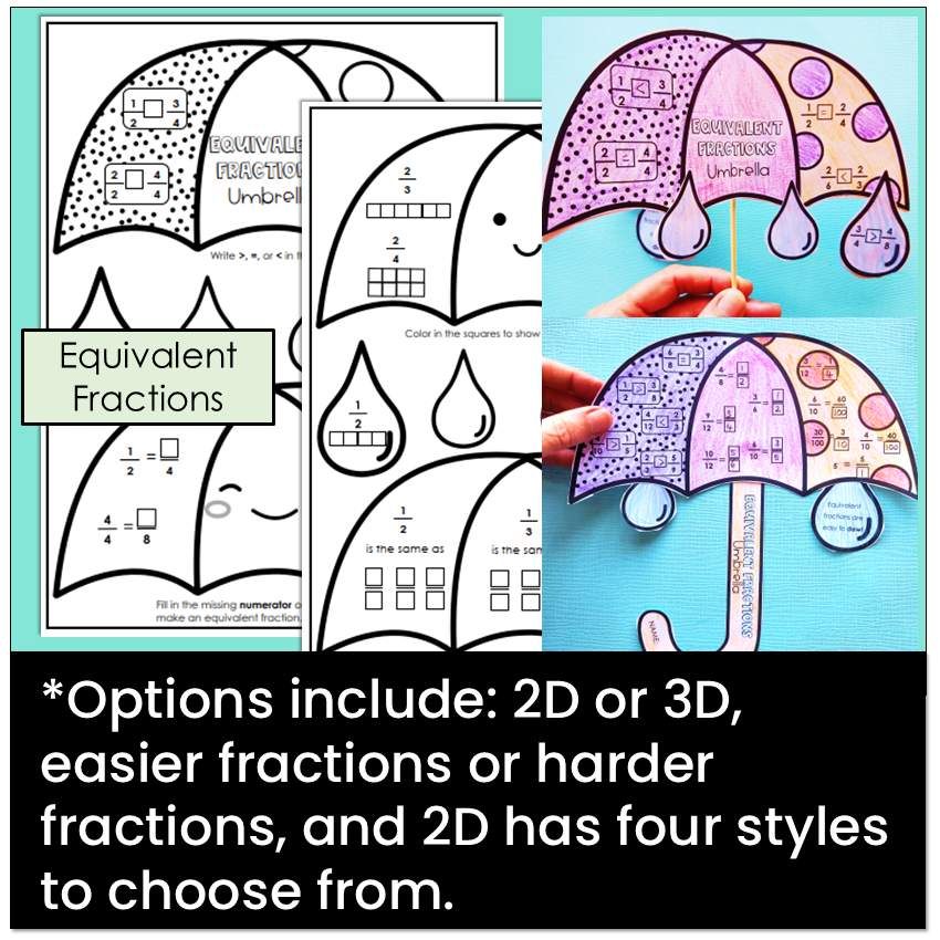 Options include: 2D or 3D, easier fractions or harder fractions, and 2D has four styles to choose from.