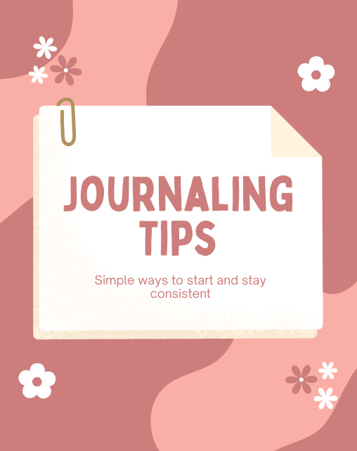 "Free printable cover for Journaling Tips for Beginners – soft pink and cream aesthetic with text JOURNALING TIPS and Simple ways to start and stay consistent."