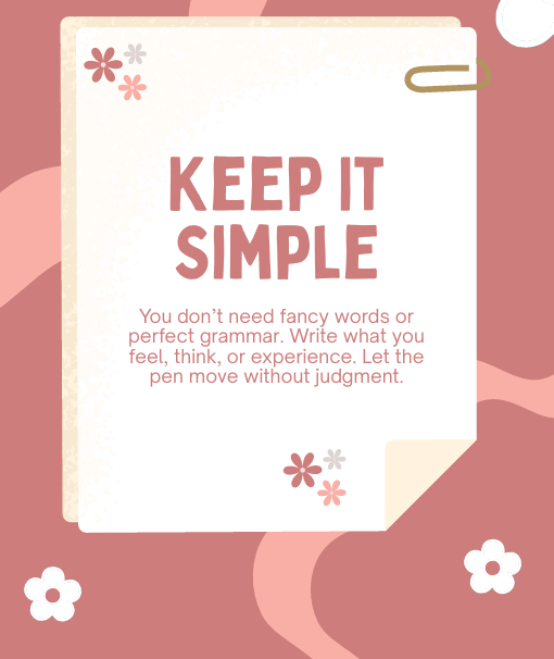 "Journaling tip page: Keep It Simple – gentle reminder that you dont need fancy words or perfect grammar, just write what you feel."