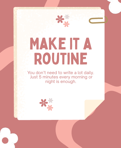 "Journaling tip page: Make It a Routine – encouraging message that just 5 minutes every morning or night is enough to build a practice."