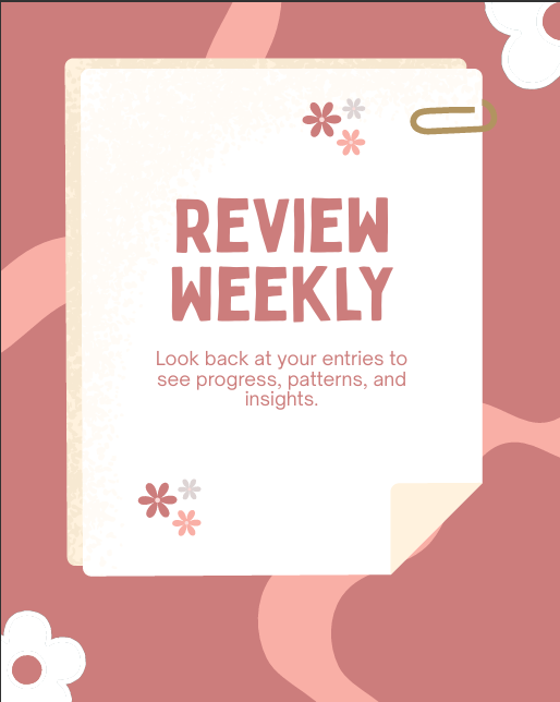 "Journaling tip page: Review Weekly – soft design encouraging you to look back at entries to see progress, patterns, and insights."