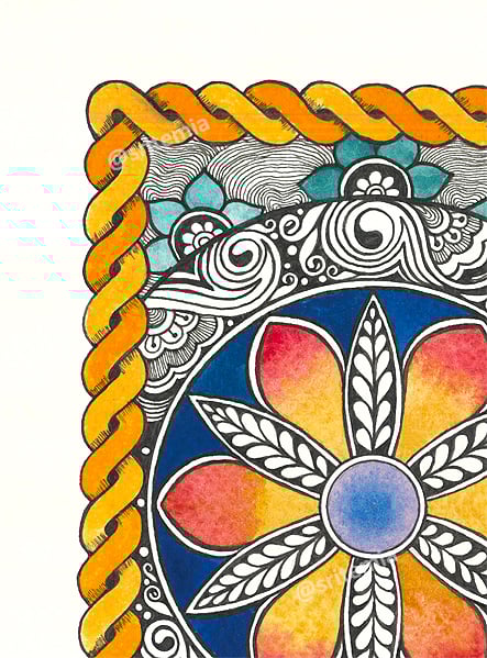 Close-up detail of Mandala flower artwork showing intricate hand-drawn patterns and colorful petals, perfect for printable wall art and meditation spaces