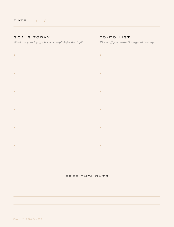 "Daily planning page from black minimalist planner with sections for goals today, to-do list, and daily tracker – clean, elegant layout for focused intention."