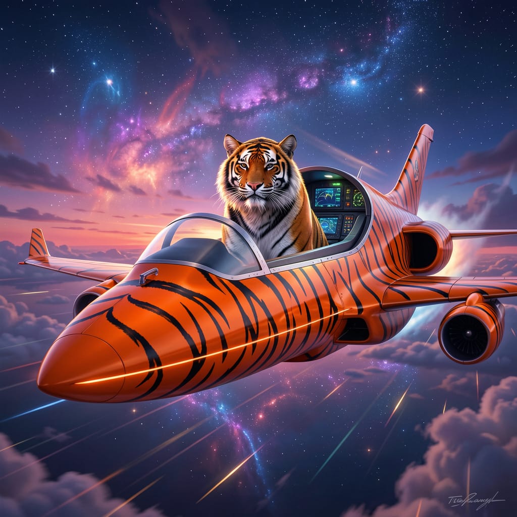 Tiger riding a jet plane