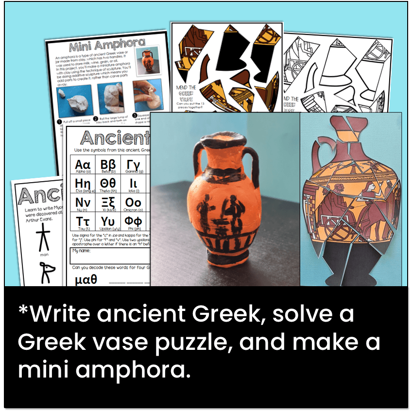 Write ancient Greek, solve a Greek vase puzzle, and make a mini amphora.