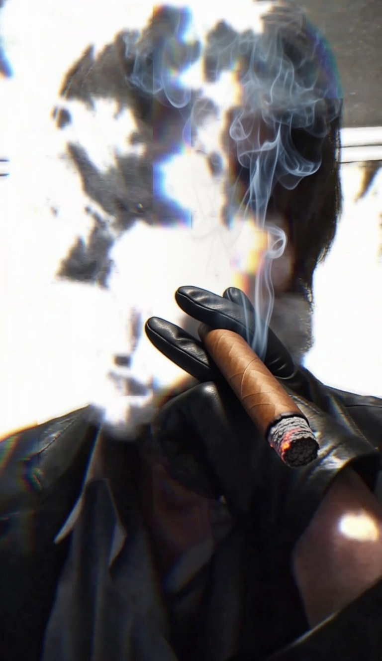 Oregonleatherballs wearing leather blazer and gloves smoking long cigar blowing hypnotic smoke