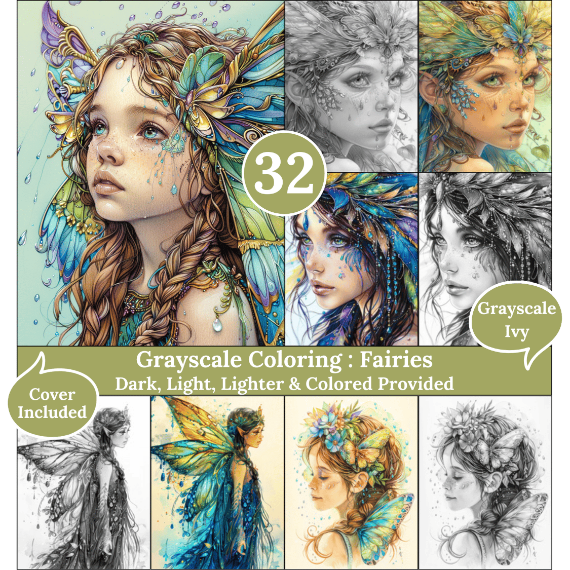 Fairies, 32 Coloring Pages, Grayscale Drawings, Dark Light Lighter and Colored Versions,  Digital Art Sheets, Beautiful Fairies