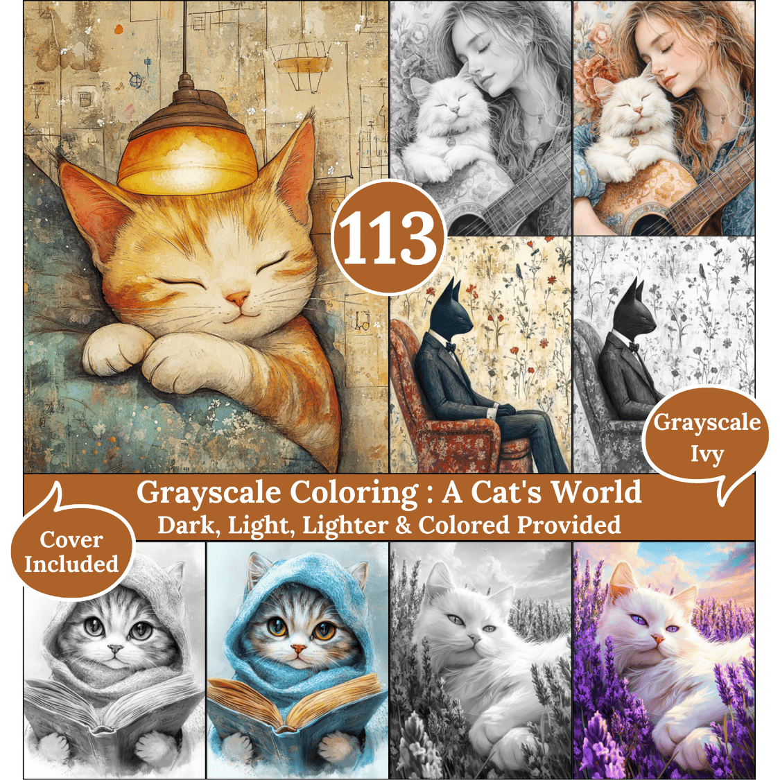 A cat's World, 113 Coloring Pages, Grayscale Drawings, Dark Light Lighter and Colored Versions,  Digital Art Sheets, cats scenes